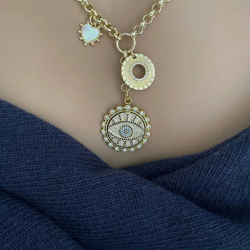 Gold Chain Charm Necklace-CZ Evil Eye Pendant -CZ Gold Disc Charm-Mother of Pearl Heart Charm-2in Extender Chain-Lobster Clasp