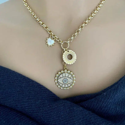 Gold Chain Charm Necklace-CZ Evil Eye Pendant -CZ Gold Disc Charm-Mother of Pearl Heart Charm-2in Extender Chain-Lobster Clasp