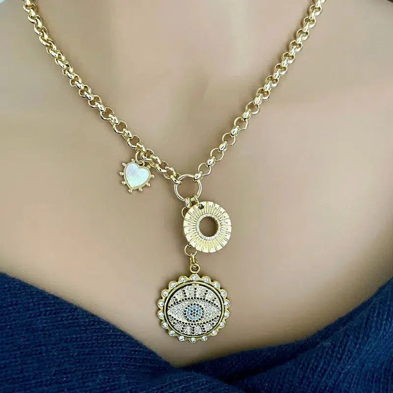 Gold Chain Charm Necklace-CZ Evil Eye Pendant -CZ Gold Disc Charm-Mother of Pearl Heart Charm-2in Extender Chain-Lobster Clasp