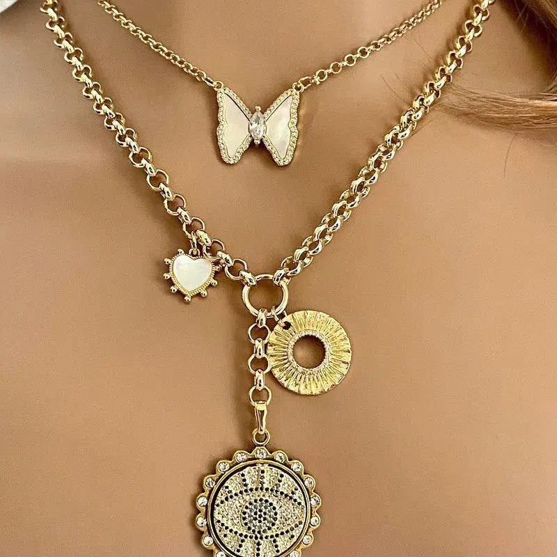 Gold Chain Butterfly Necklace-Mother of Pearl Connector Charm-CZ Charm-2in Extender Chain-Lobster Clasp