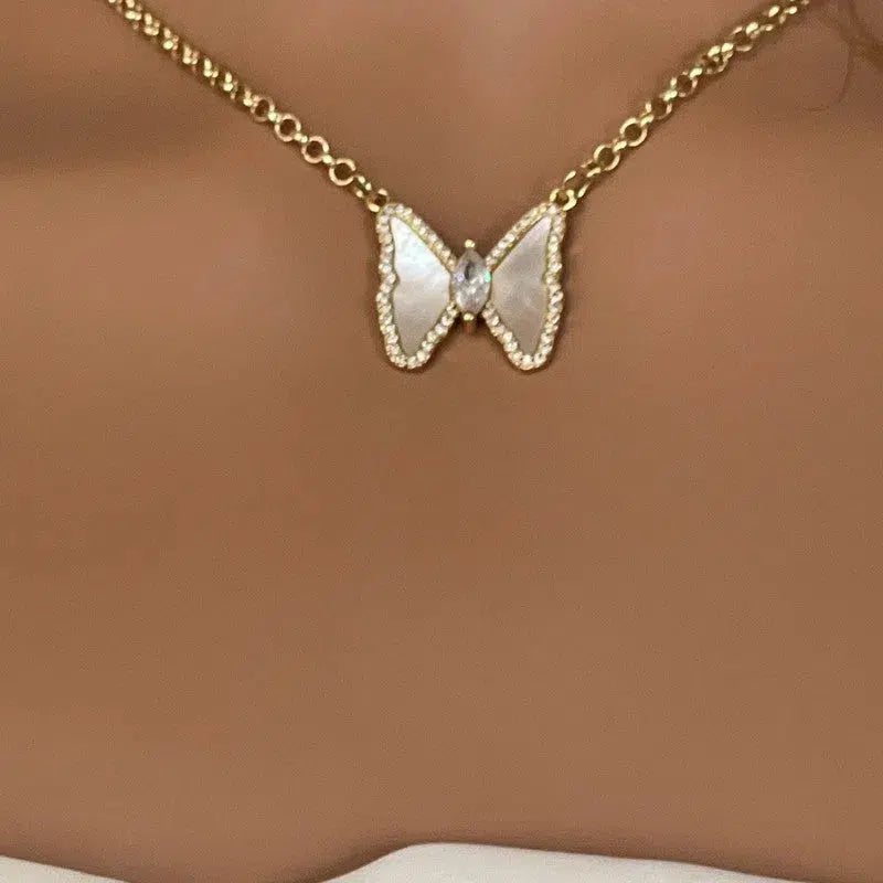 Gold Chain Butterfly Necklace-Mother of Pearl Connector Charm-CZ Charm-2in Extender Chain-Lobster Clasp