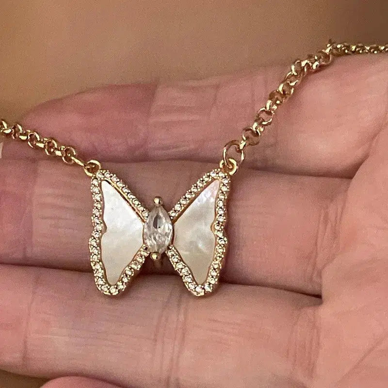 Gold Chain Butterfly Necklace-Mother of Pearl Connector Charm-CZ Charm-2in Extender Chain-Lobster Clasp