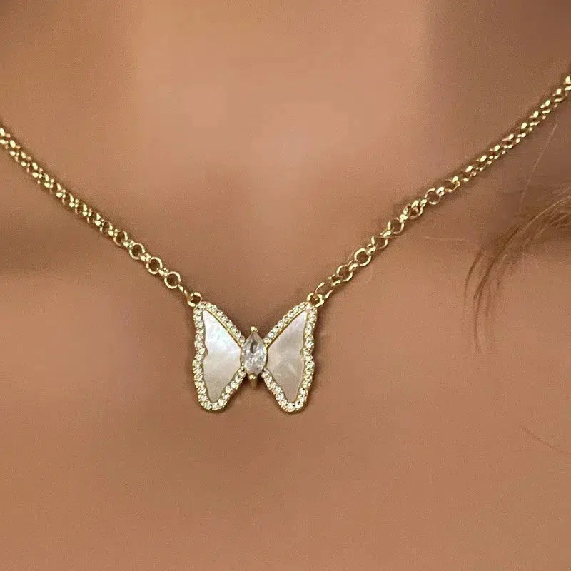 Gold Chain Butterfly Necklace-Mother of Pearl Connector Charm-CZ Charm-2in Extender Chain-Lobster Clasp