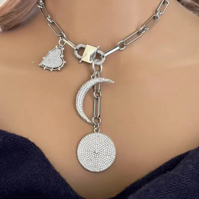 Silver CZ Charm Necklace-Full Moon CZ Pendant-Crescent Moon Charm-Heart Charm-Cable Chain-Cubic Zirconia-Gift For Her