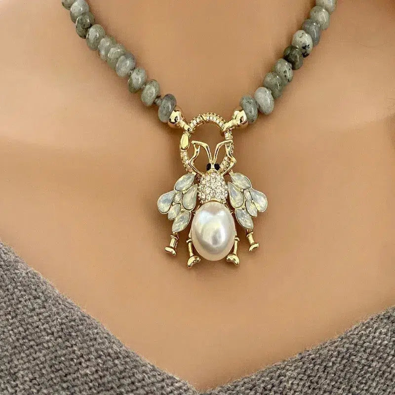 Hand Knotted Labradorite Rondelle Necklace-Gold Micro Pave Clasp-CZ Bee Pendant -Semi-Precious Beads-17ins-Gift For Her