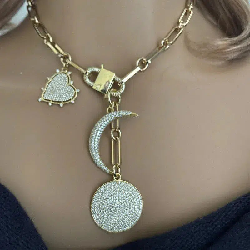 Gold CZ Charm Necklace-Full Moon CZ Pendant-Crescent Moon Charm-Heart Charm-Cable Chain-Cubic Zirconia-Gift For Her