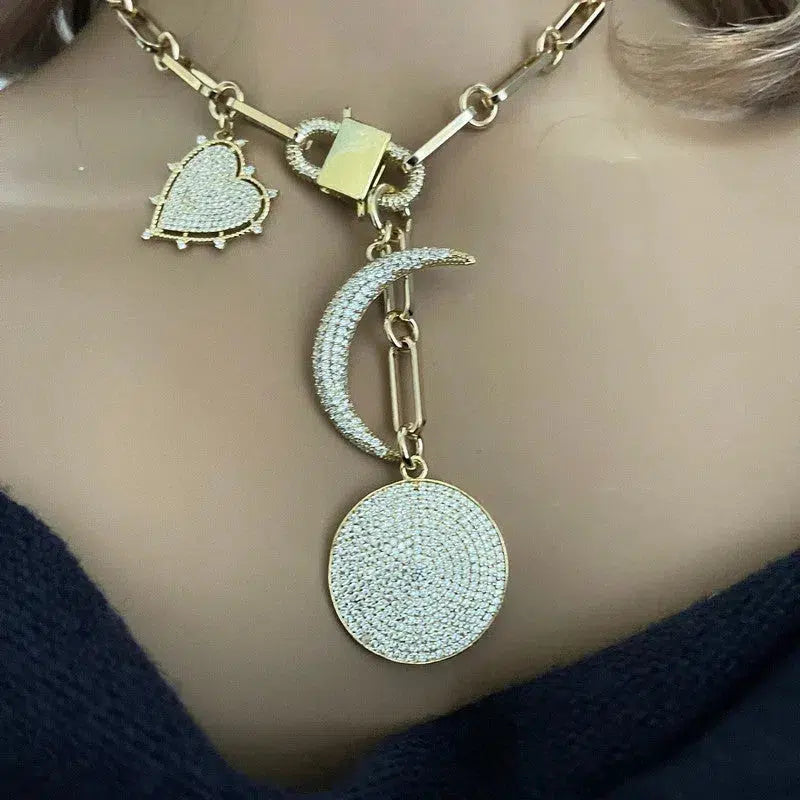 Gold CZ Charm Necklace-Full Moon CZ Pendant-Crescent Moon Charm-Heart Charm-Cable Chain-Cubic Zirconia-Gift For Her