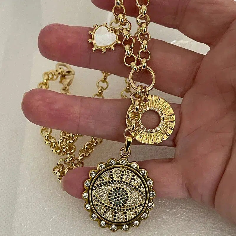 Gold Chain Charm Necklace-CZ Evil Eye Pendant -CZ Gold Disc Charm-Mother of Pearl Heart Charm-2in Extender Chain-Lobster Clasp