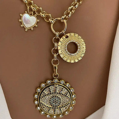 Gold Chain Charm Necklace-CZ Evil Eye Pendant -CZ Gold Disc Charm-Mother of Pearl Heart Charm-2in Extender Chain-Lobster Clasp