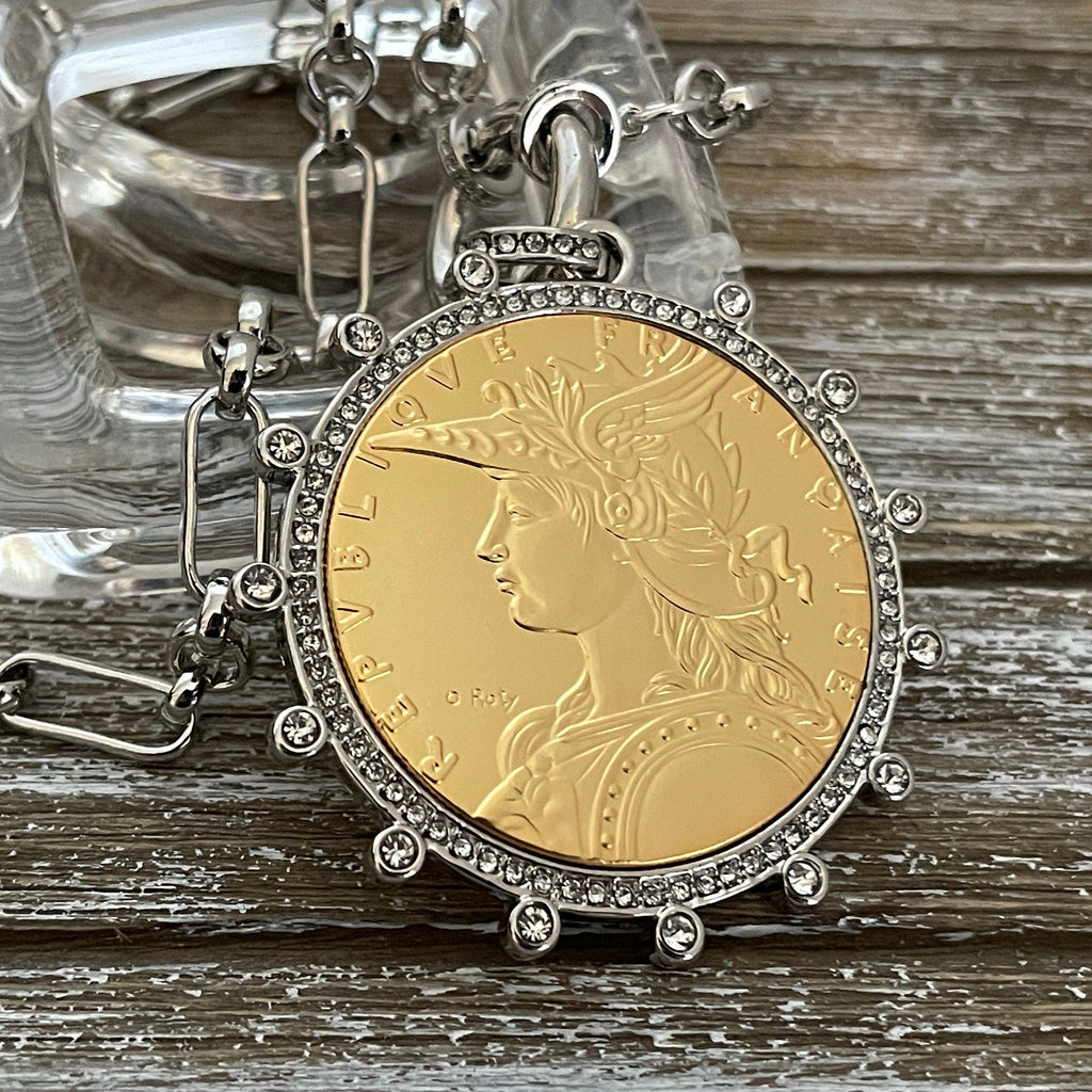 Silver Chain Coin Necklace-Gold Reproduction French Madagascar Coin Pendant-Multi Link Chain-Silver Cubic Zirconia Bezel -Spring Lock Clasp