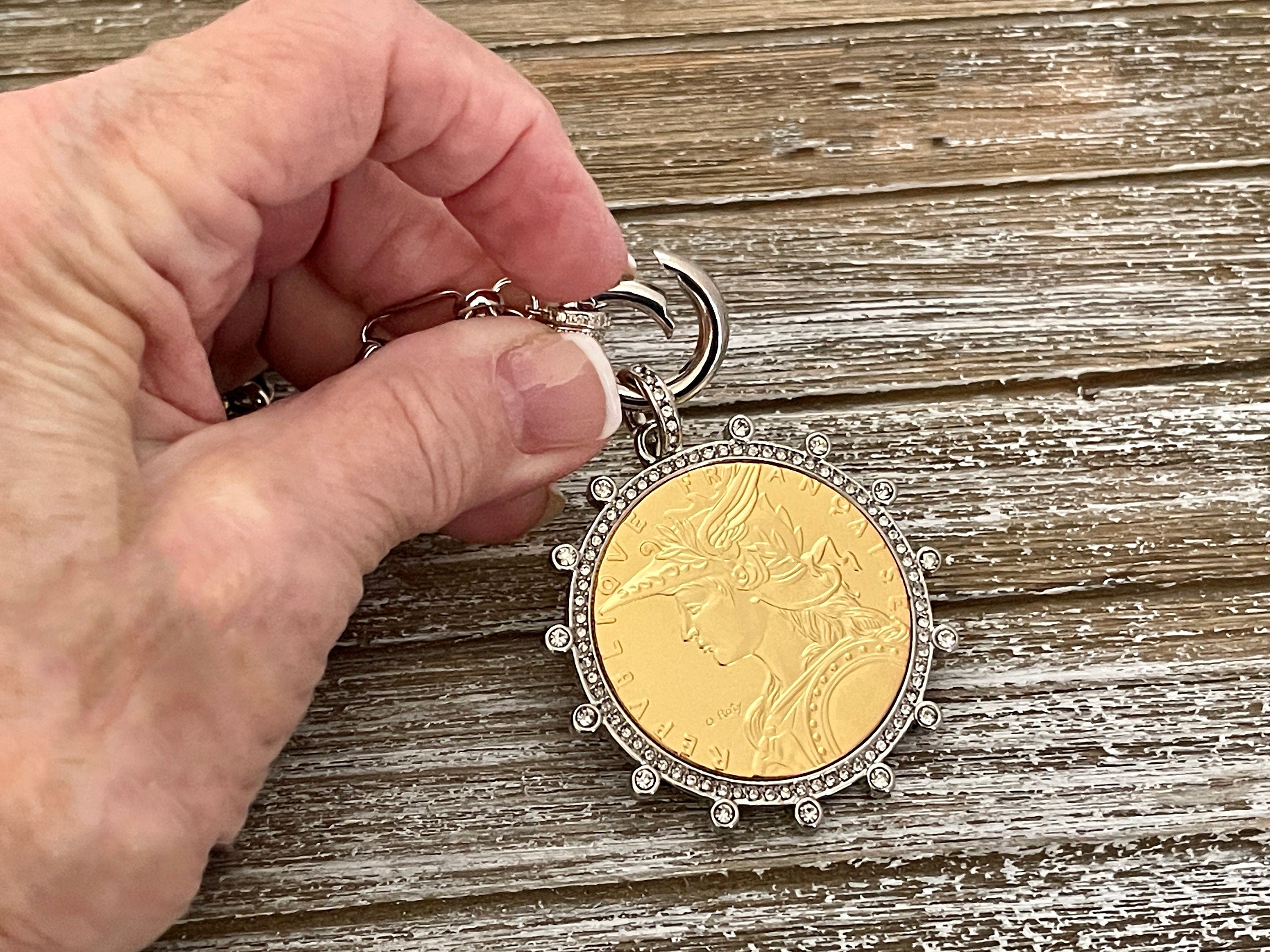 Silver Chain Coin Necklace-Gold Reproduction French Madagascar Coin Pendant-Multi Link Chain-Silver Cubic Zirconia Bezel -Spring Lock Clasp