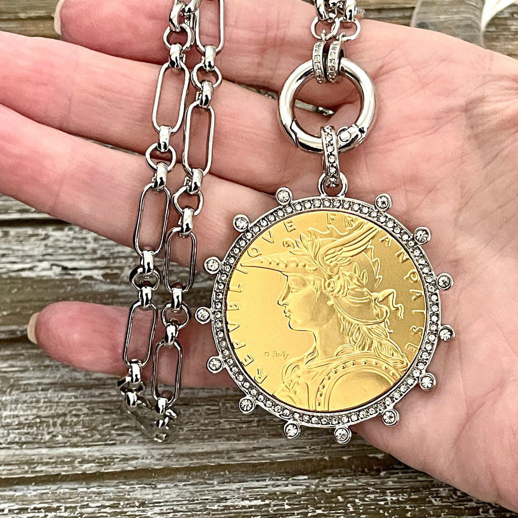 Silver Chain Coin Necklace-Gold Reproduction French Madagascar Coin Pendant-Multi Link Chain-Silver Cubic Zirconia Bezel -Spring Lock Clasp