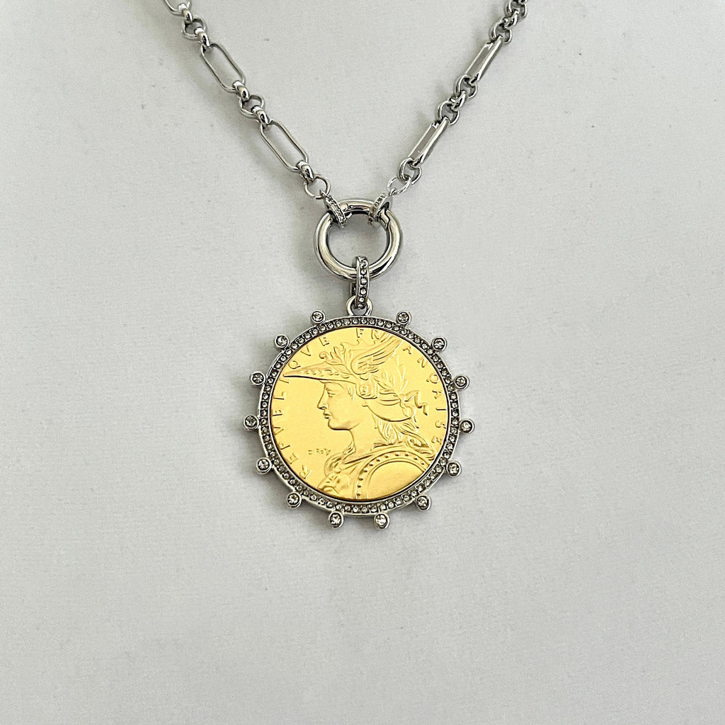 Silver Chain Coin Necklace-Gold Reproduction French Madagascar Coin Pendant-Multi Link Chain-Silver Cubic Zirconia Bezel -Spring Lock Clasp