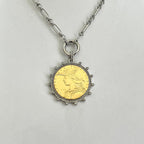 Silver Chain Coin Necklace-Gold Reproduction French Madagascar Coin Pendant-Multi Link Chain-Silver Cubic Zirconia Bezel -Spring Lock Clasp
