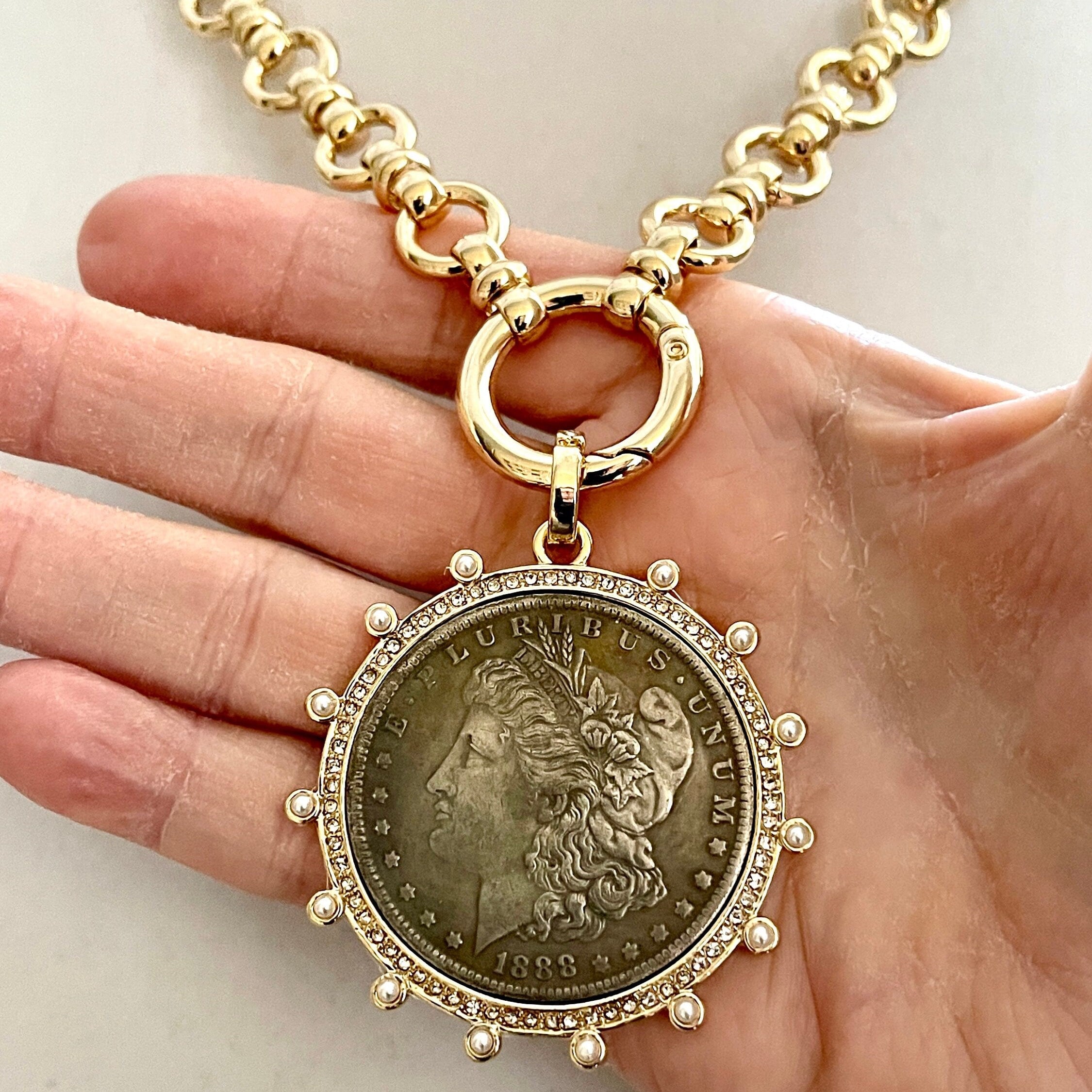 Burnished Silver Morgan Dollar Coin Necklace, Gold CZ Pearl Bezel