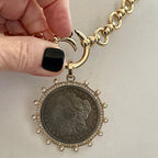Burnished Silver Morgan Dollar Coin Necklace, Gold CZ Pearl Bezel