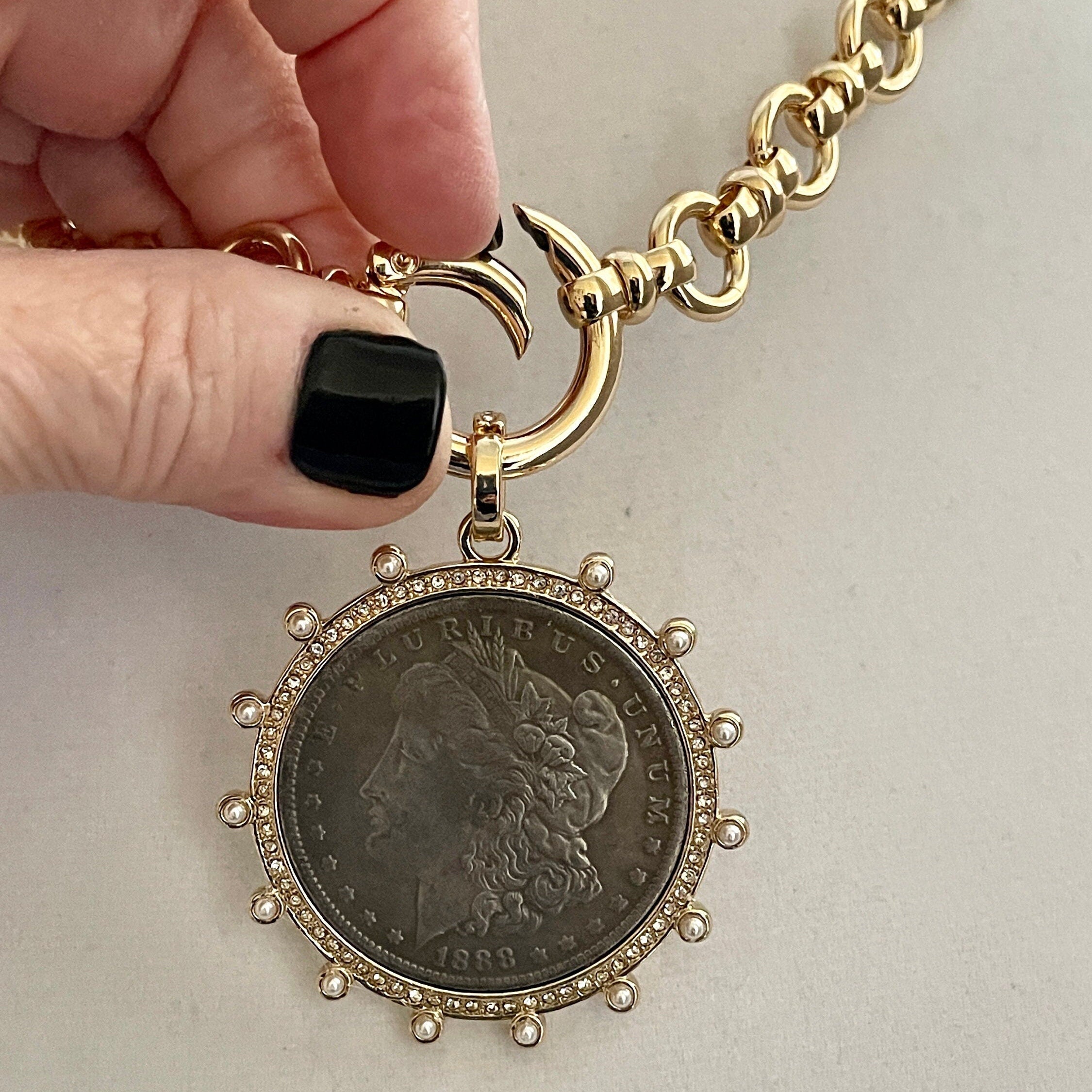 Burnished Silver Morgan Dollar Coin Necklace, Gold CZ Pearl Bezel
