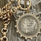 Burnished Silver Morgan Dollar Coin Necklace, Gold CZ Pearl Bezel