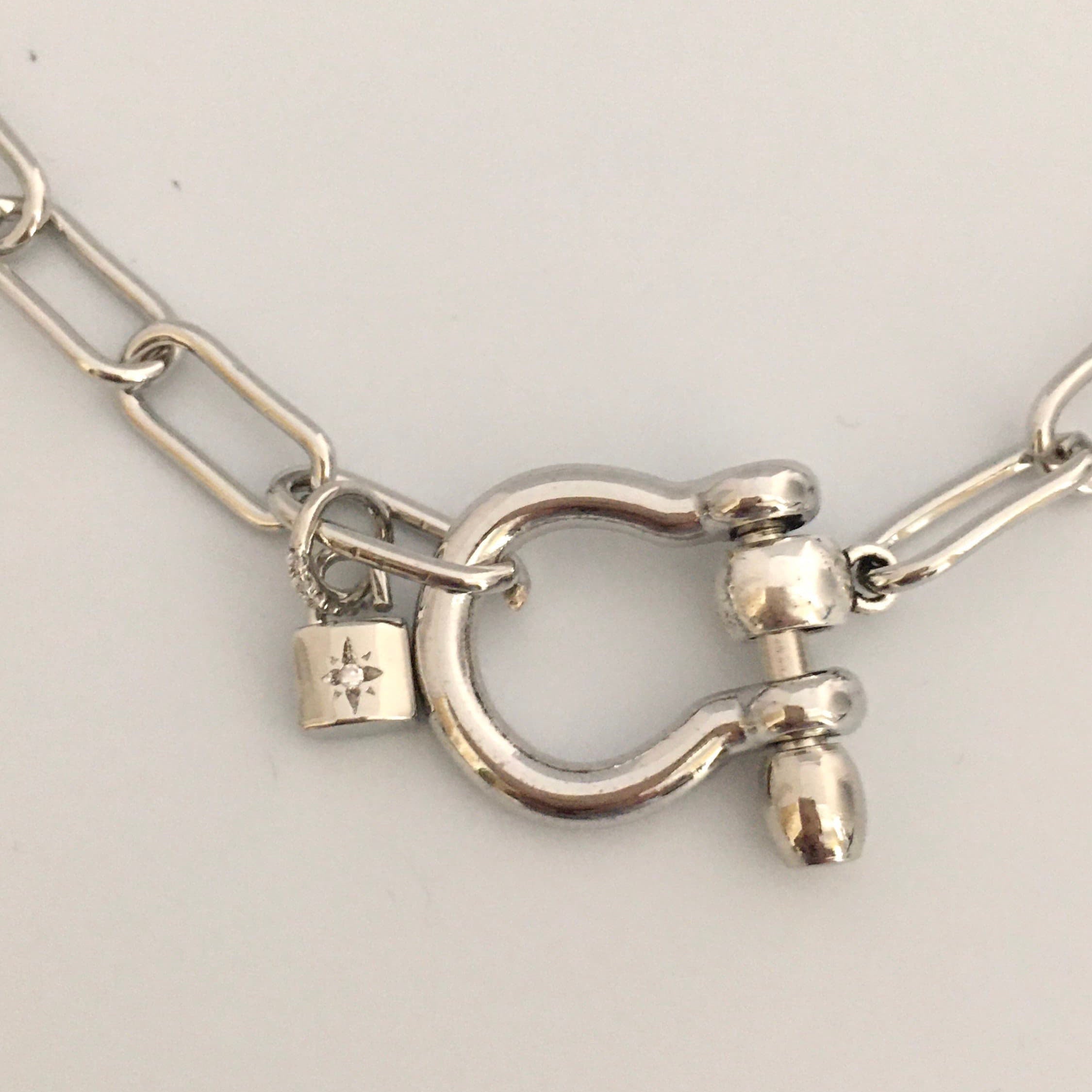 Silver Paperclip Chain Necklace with Shackle Clasp & Padlock