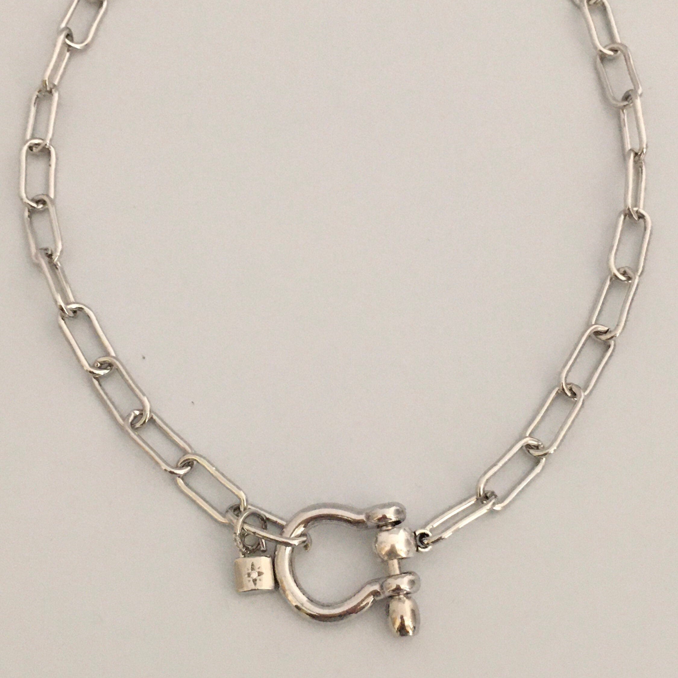 Silver Paperclip Chain Necklace with Shackle Clasp & Padlock
