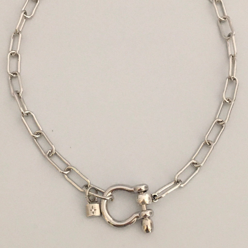 Silver Paperclip Chain Necklace with Shackle Clasp & Padlock