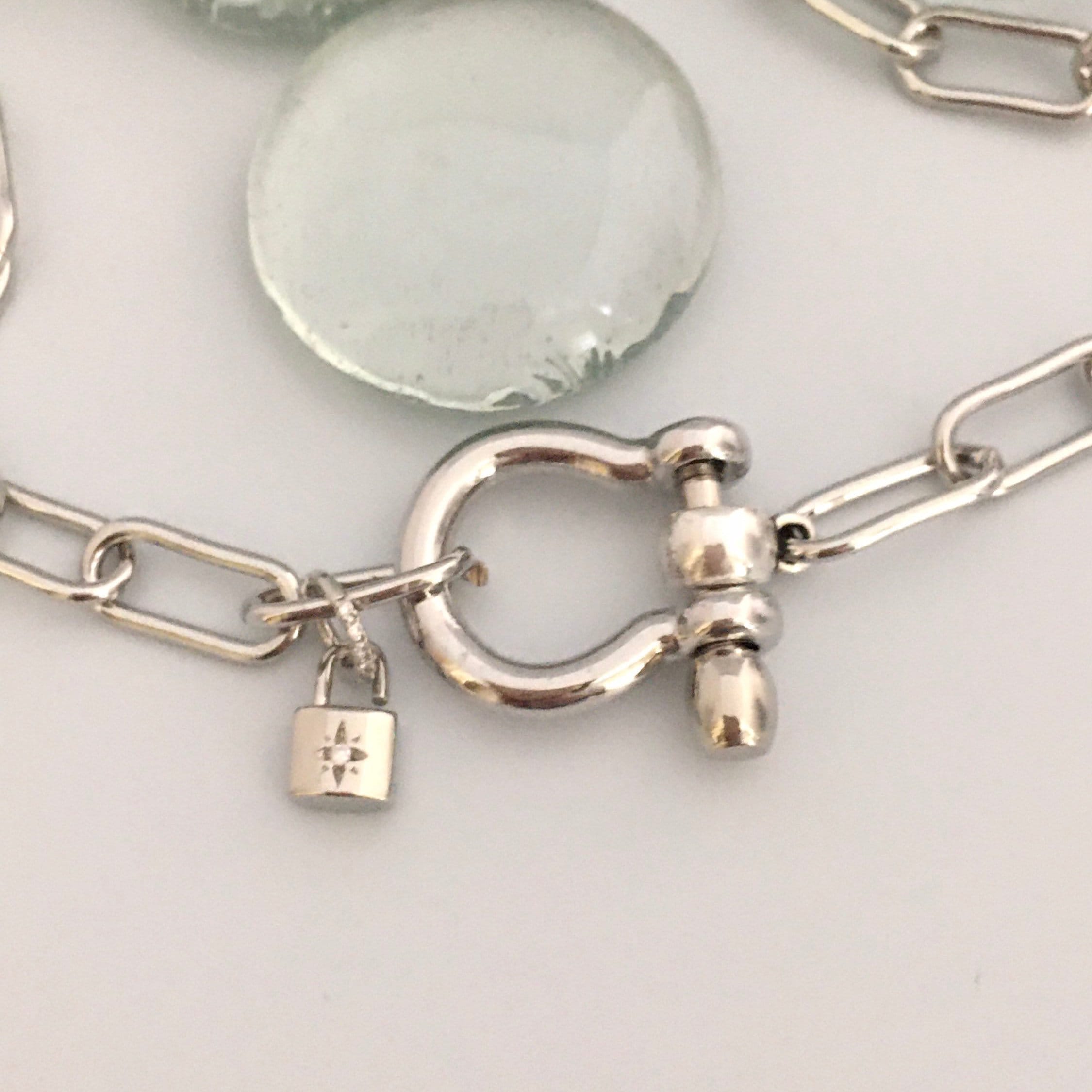 Silver Paperclip Chain Necklace with Shackle Clasp & Padlock