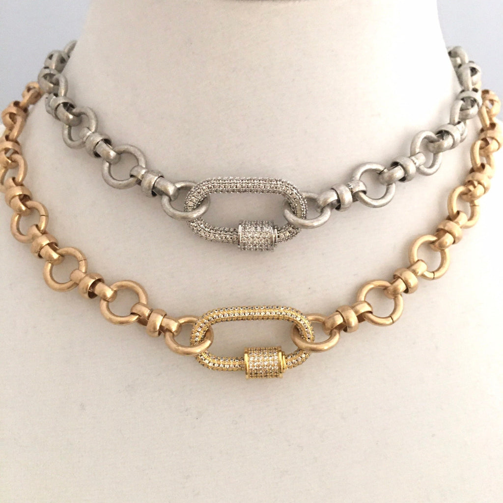 Pave Carabiner Necklace, Satin Silver, Worn Gold, Brass Cable Chain, Screw Lock Clasp