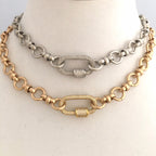 Pave Carabiner Necklace, Satin Silver, Worn Gold, Brass Cable Chain, Screw Lock Clasp