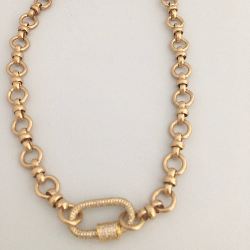 Pave Carabiner Necklace, Satin Silver, Worn Gold, Brass Cable Chain, Screw Lock Clasp