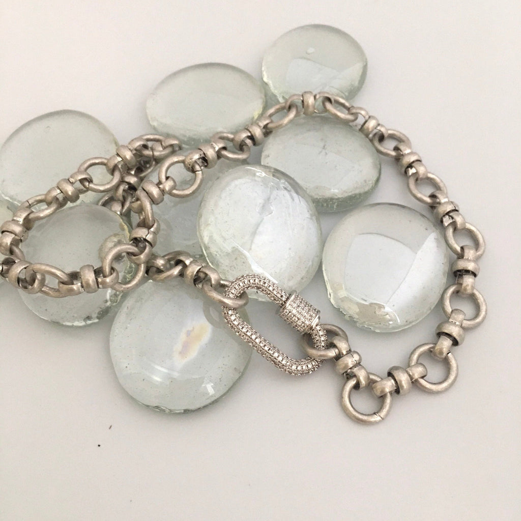 Pave Carabiner Necklace, Satin Silver, Worn Gold, Brass Cable Chain, Screw Lock Clasp