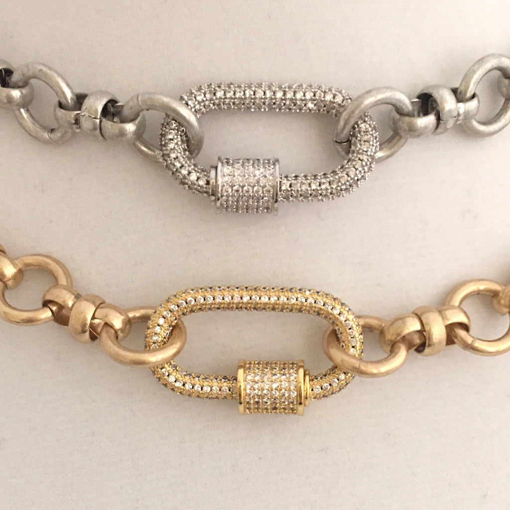 Pave Carabiner Necklace, Satin Silver, Worn Gold, Brass Cable Chain, Screw Lock Clasp
