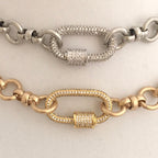 Pave Carabiner Necklace, Satin Silver, Worn Gold, Brass Cable Chain, Screw Lock Clasp