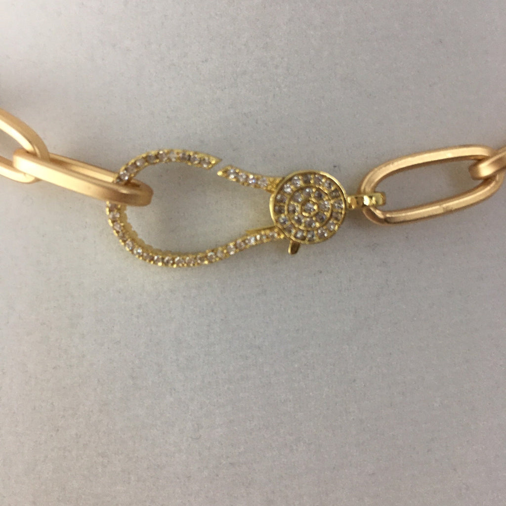Matte Gold Paperclip Chain Choker Necklace, Pavé Lobster Clasp