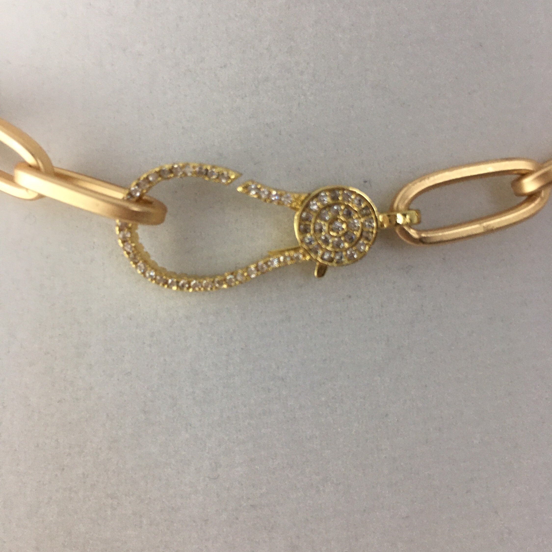Matte Gold Paperclip Chain Choker Necklace, Pavé Lobster Clasp