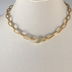 Matte Gold Paperclip Chain Choker Necklace, Pavé Lobster Clasp