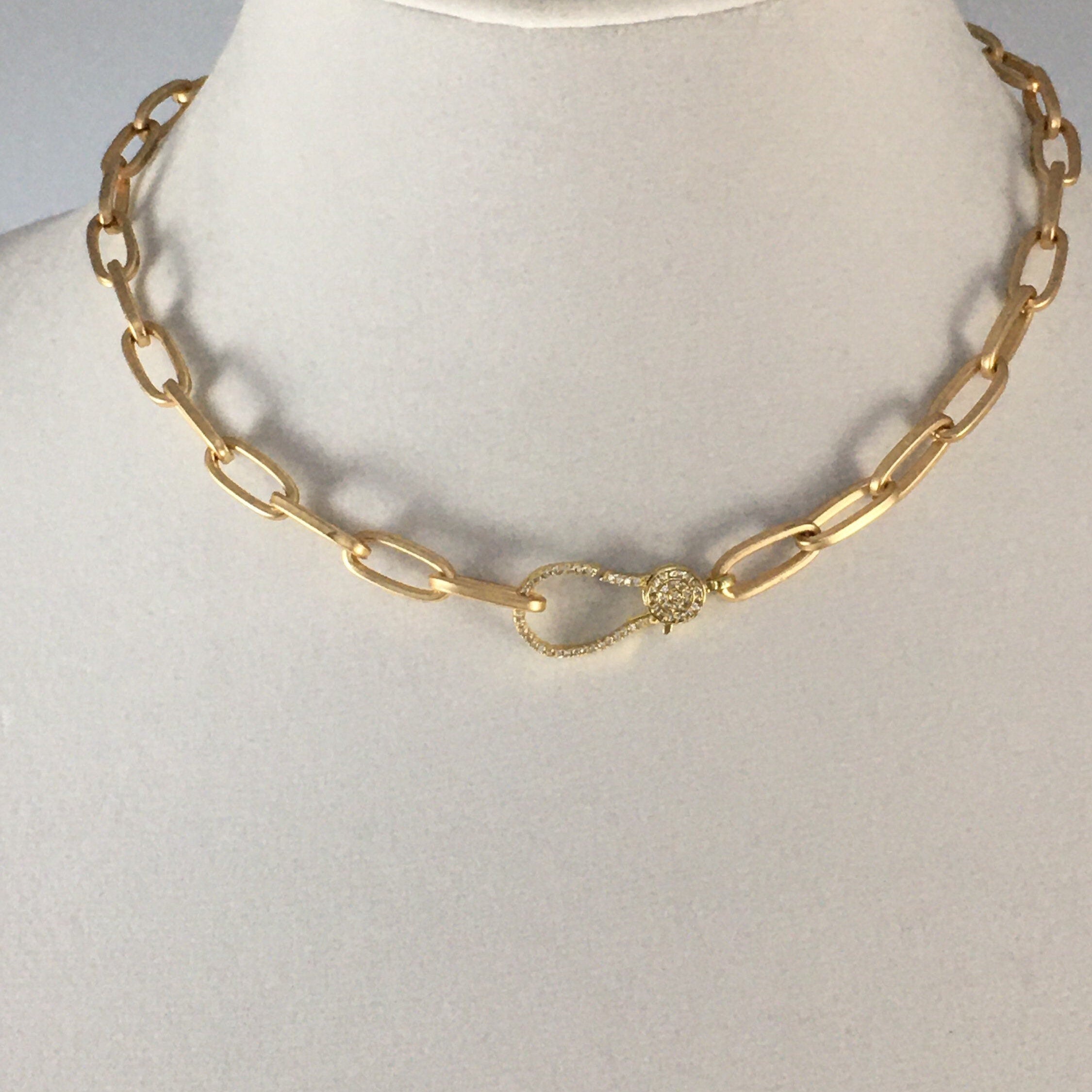 Matte Gold Paperclip Chain Choker Necklace, Pavé Lobster Clasp