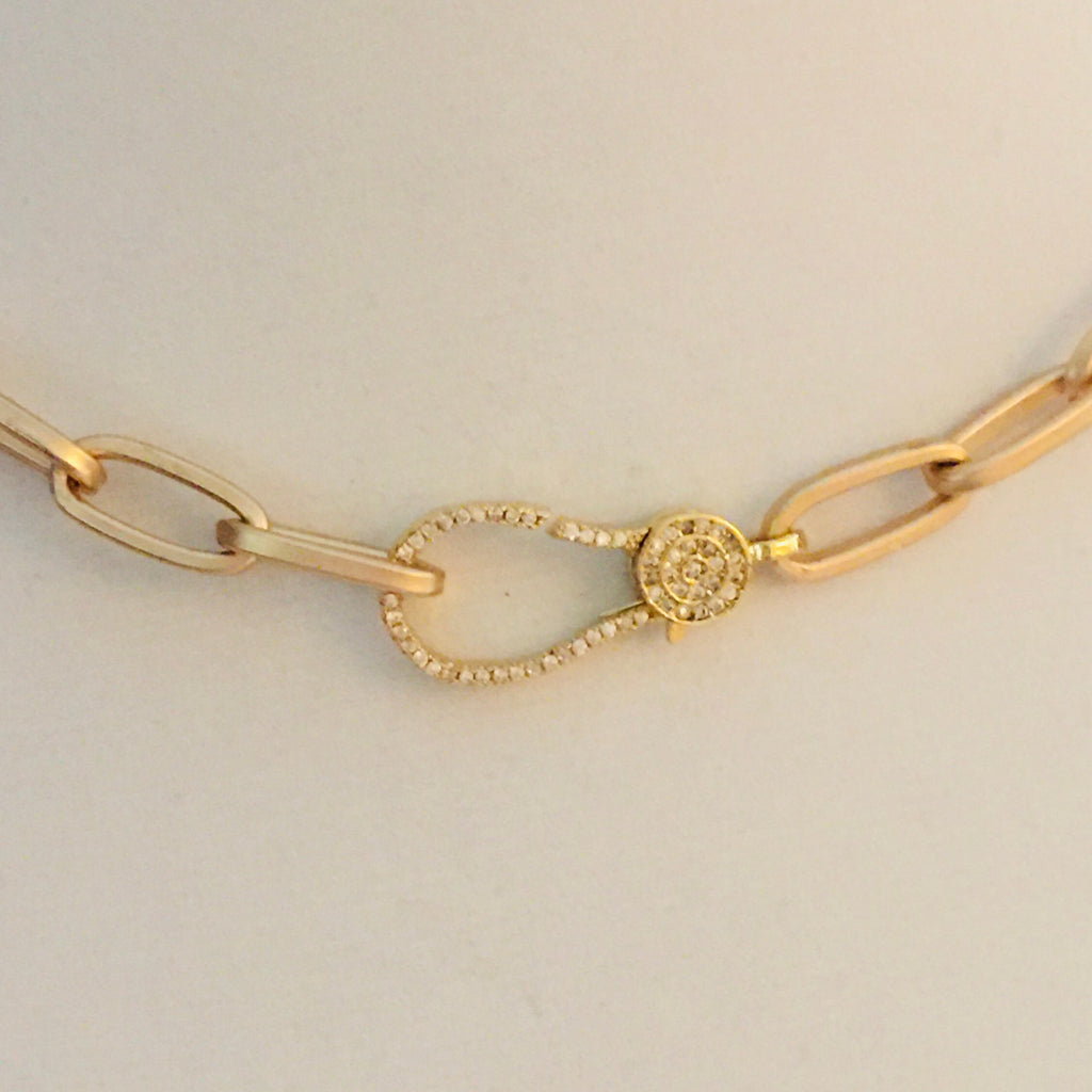 Matte Gold Paperclip Chain Choker Necklace, Pavé Lobster Clasp