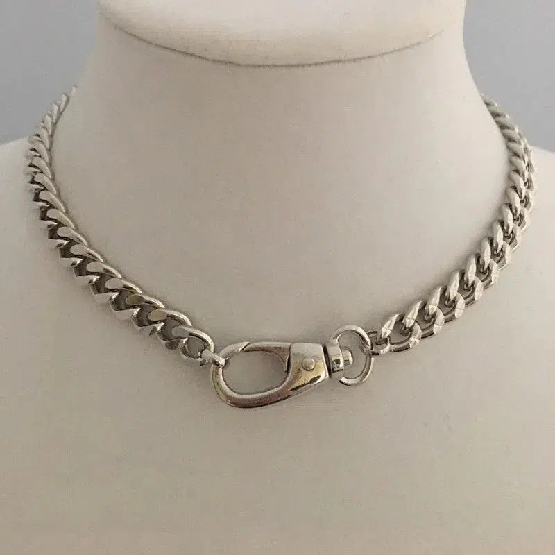 Chunky Cuban Chain Necklace-Silver Chunky Necklace-Curb Chain Necklace-Swivel Lock Clasp-Lock Necklace-Silver Spring Gate Clasp Necklace