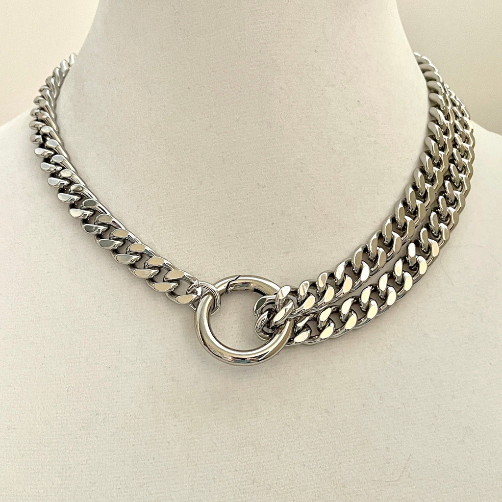 Chunky Silver Miami Cuban Chain Necklace, Double Strand