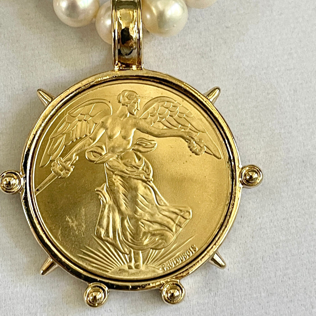 Freshwater Pearl Necklace-Gold Reproduction French Coin-Commemorative Medal- Antique Style -Spiked Bezel Pendant-Gift For Her