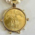 Freshwater Pearl Necklace-Gold Reproduction French Coin-Commemorative Medal- Antique Style -Spiked Bezel Pendant-Gift For Her