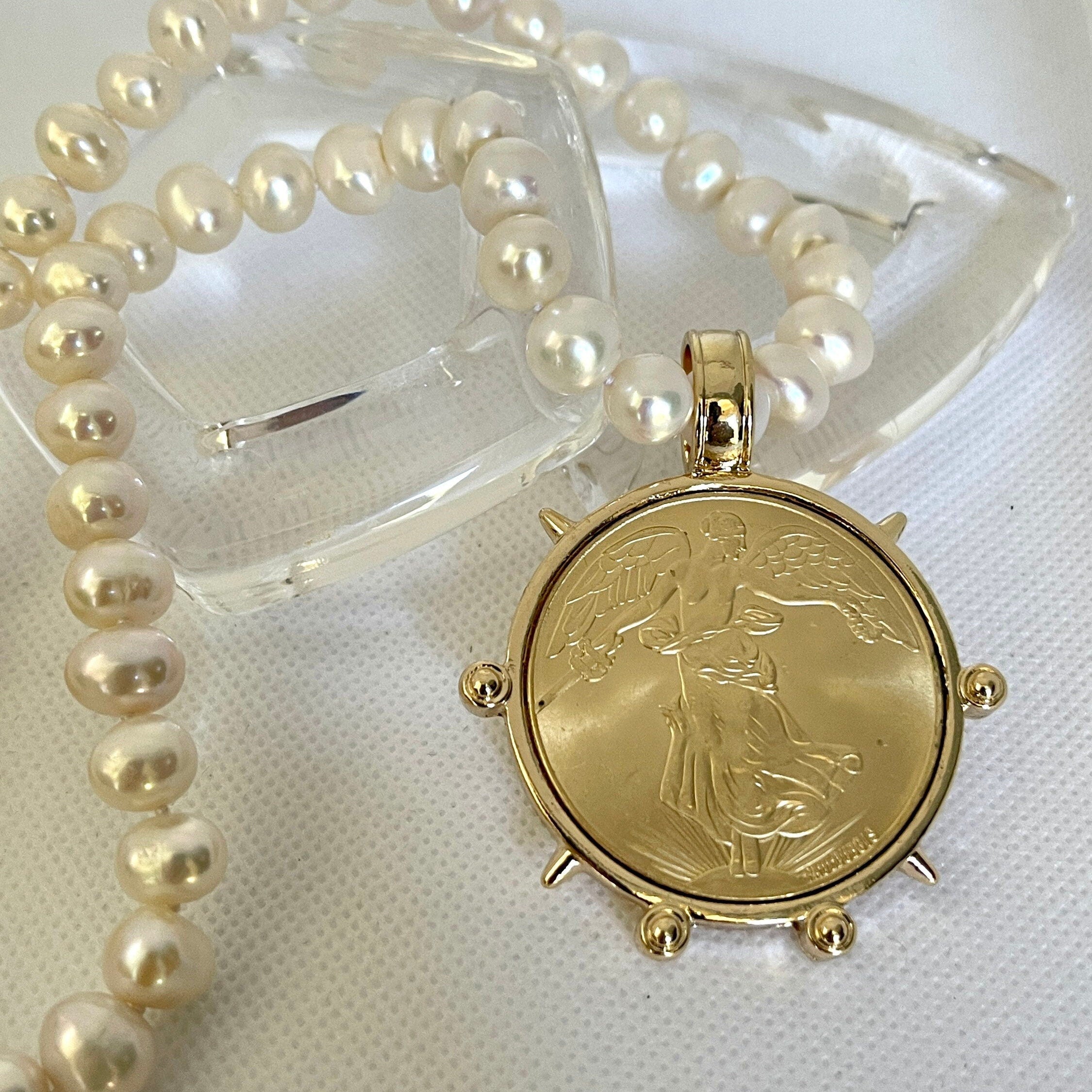 Freshwater Pearl Necklace-Gold Reproduction French Coin-Commemorative Medal- Antique Style -Spiked Bezel Pendant-Gift For Her