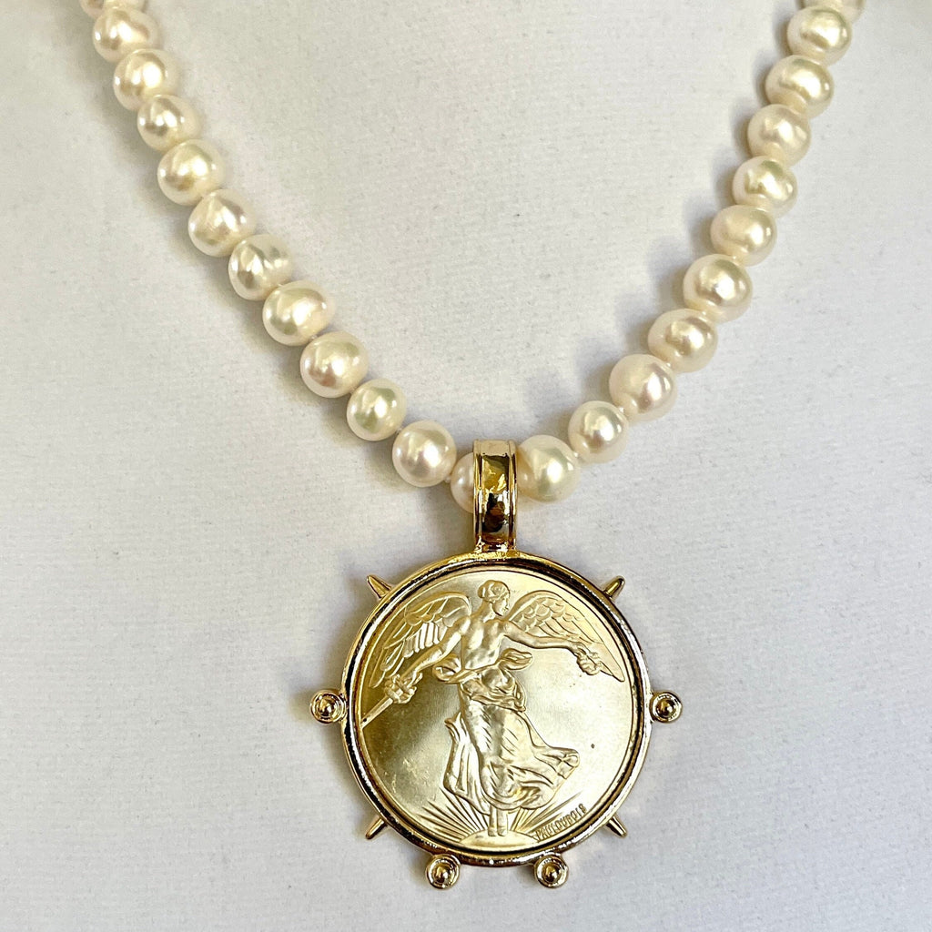 Freshwater Pearl Necklace-Gold Reproduction French Coin-Commemorative Medal- Antique Style -Spiked Bezel Pendant-Gift For Her