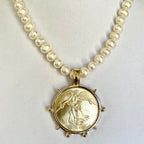 Freshwater Pearl Necklace-Gold Reproduction French Coin-Commemorative Medal- Antique Style -Spiked Bezel Pendant-Gift For Her