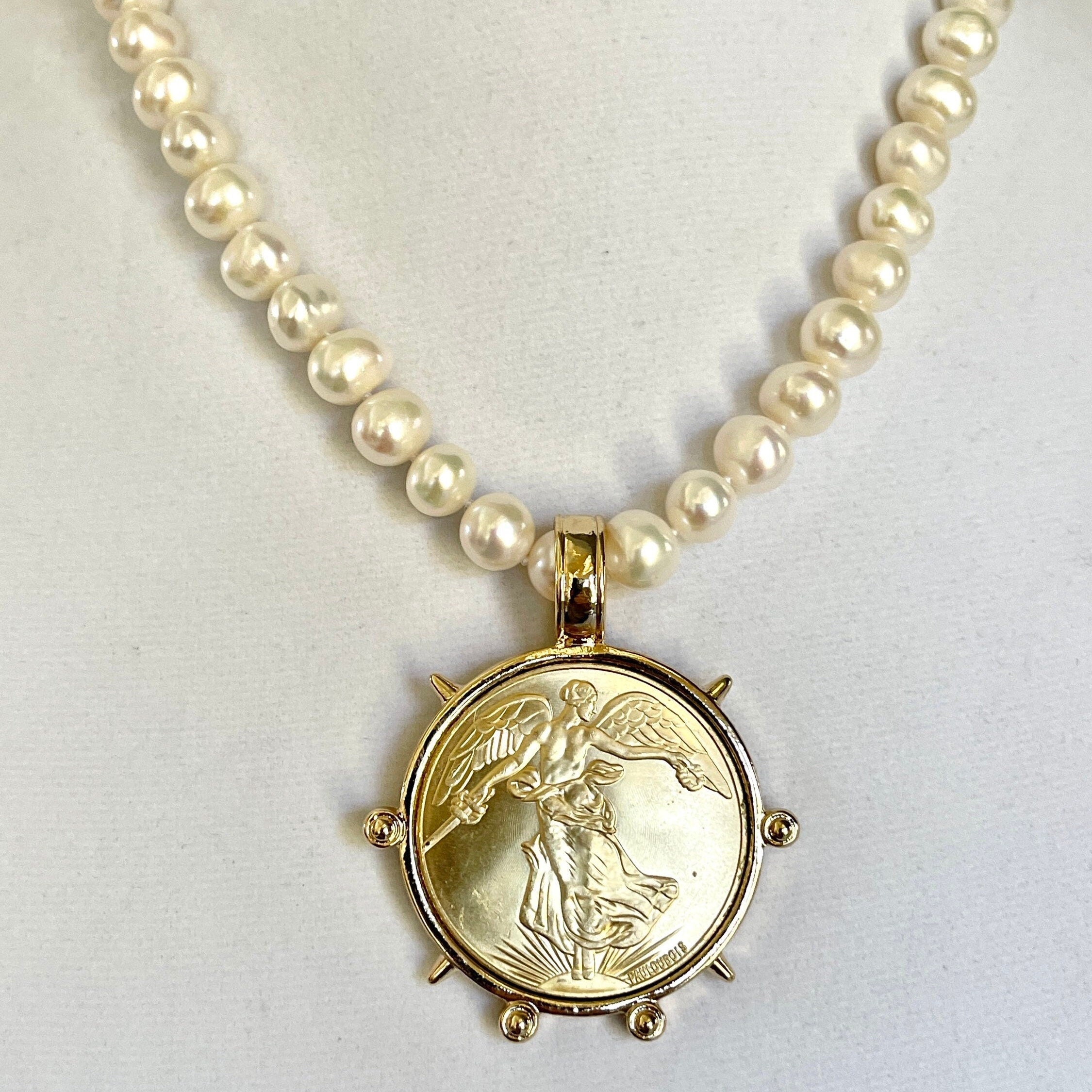 Freshwater Pearl Necklace-Gold Reproduction French Coin-Commemorative Medal- Antique Style -Spiked Bezel Pendant-Gift For Her