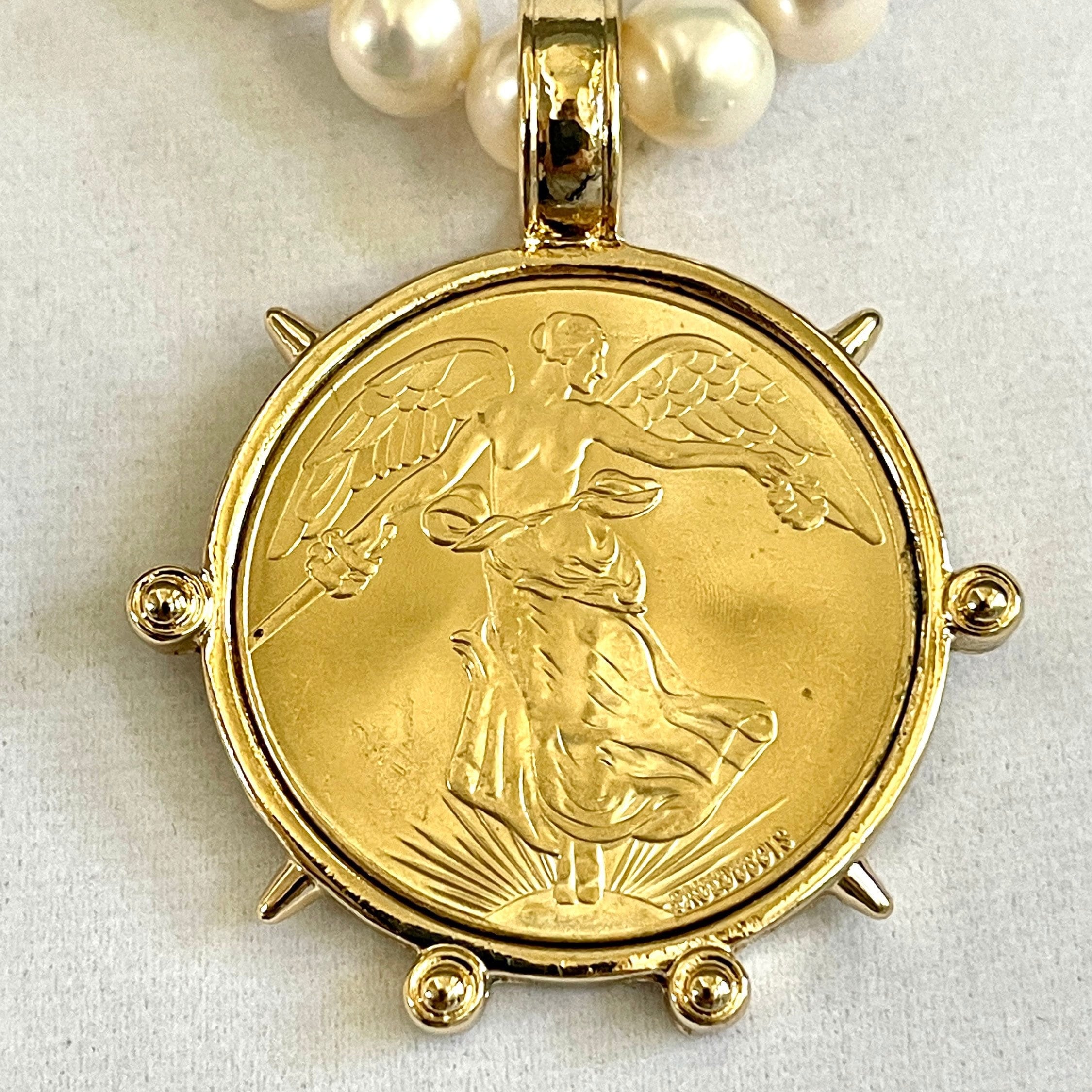 Freshwater Pearl Necklace-Gold Reproduction French Coin-Commemorative Medal- Antique Style -Spiked Bezel Pendant-Gift For Her