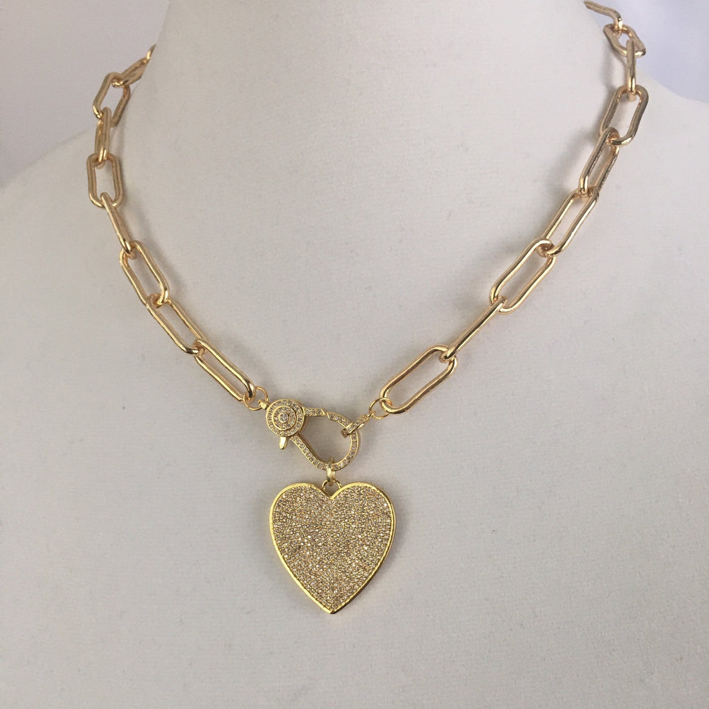 Gold Paperclip Link Chain Necklace: Pave Lobster Clasp, Heart Pendant