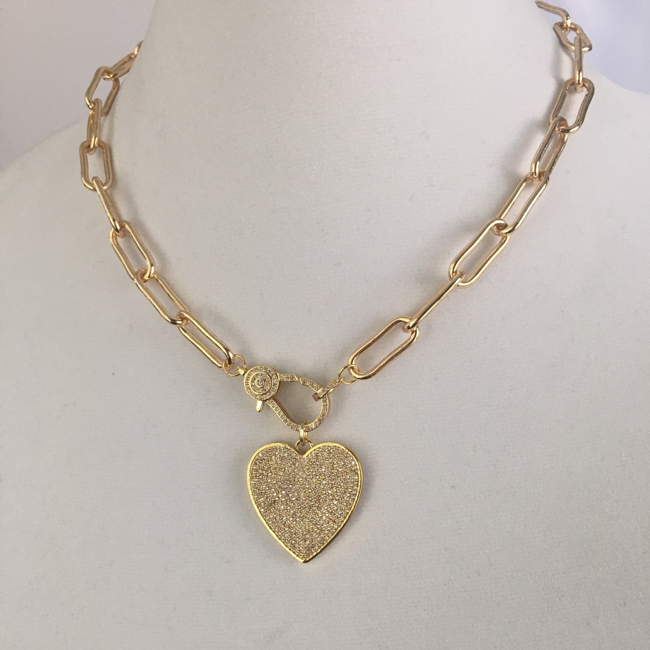 Gold Paperclip Link Chain Necklace: Pave Lobster Clasp, Heart Pendant