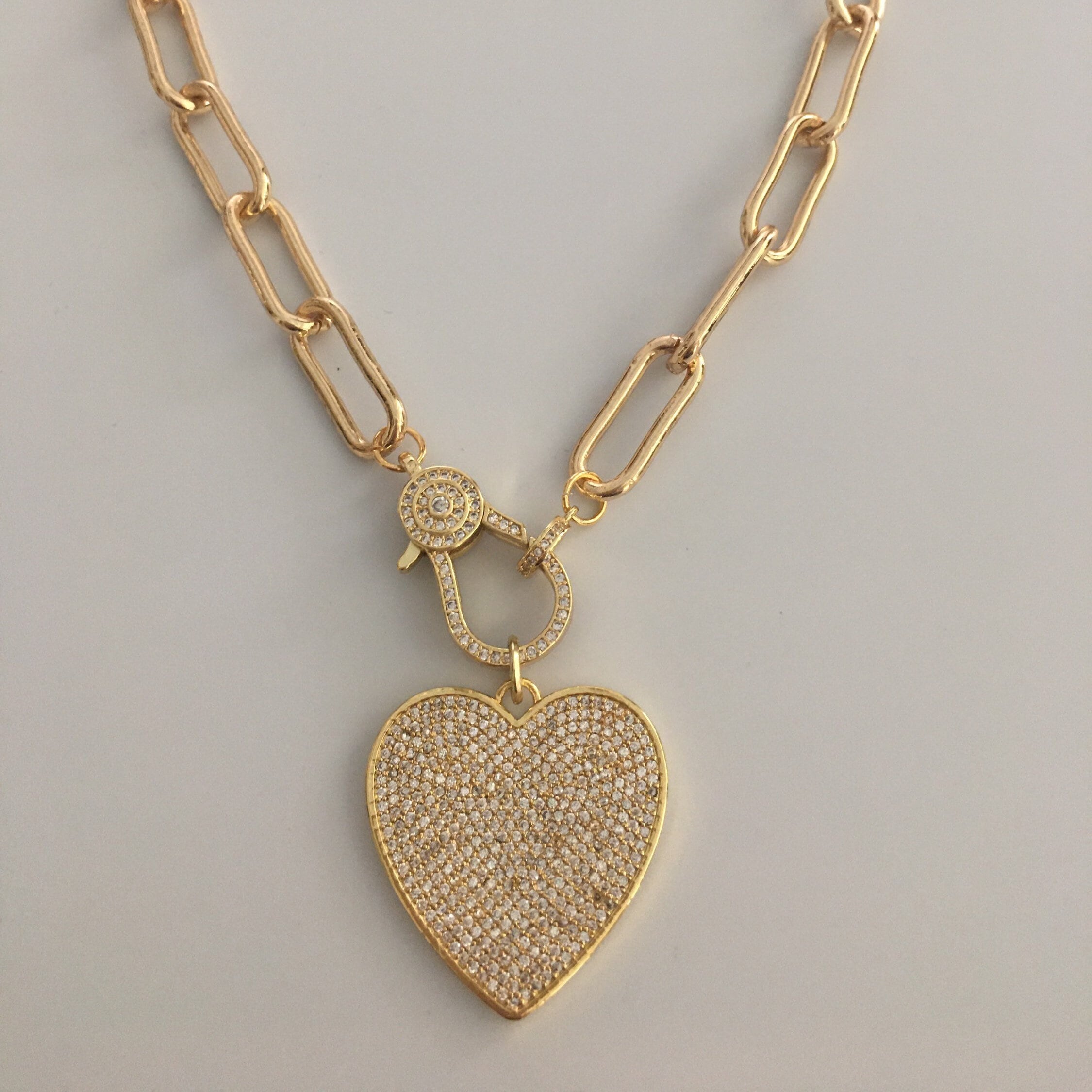 Gold Paperclip Link Chain Necklace: Pave Lobster Clasp, Heart Pendant