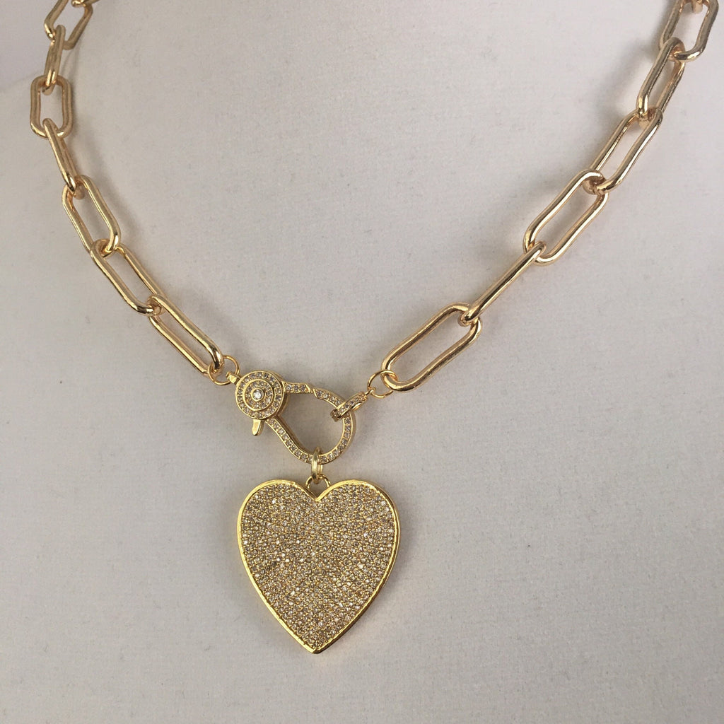 Gold Paperclip Link Chain Necklace: Pave Lobster Clasp, Heart Pendant
